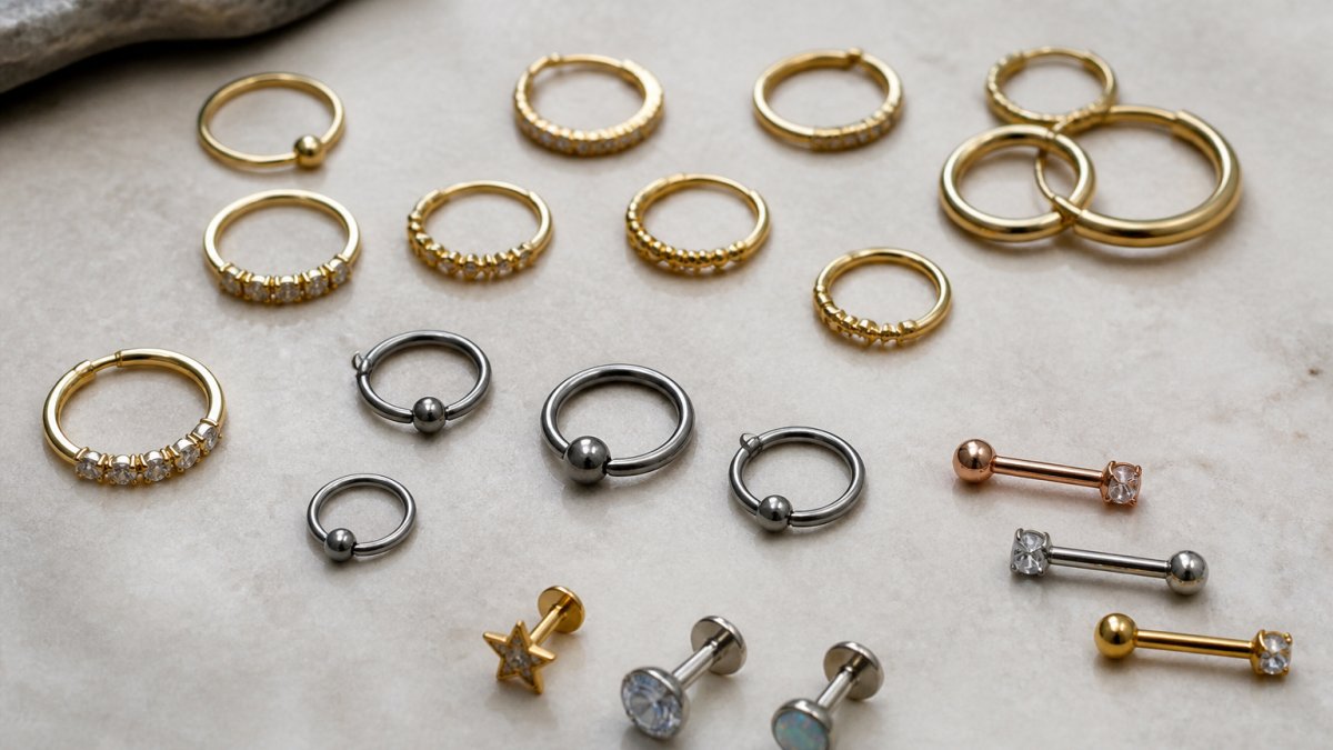 Close-up of diverse body jewelry pieces displayed on a neutral surface, showing 14k gold hoops, titanium captive bead rings, and statement labrets in various sizes and finishes with natural lighting