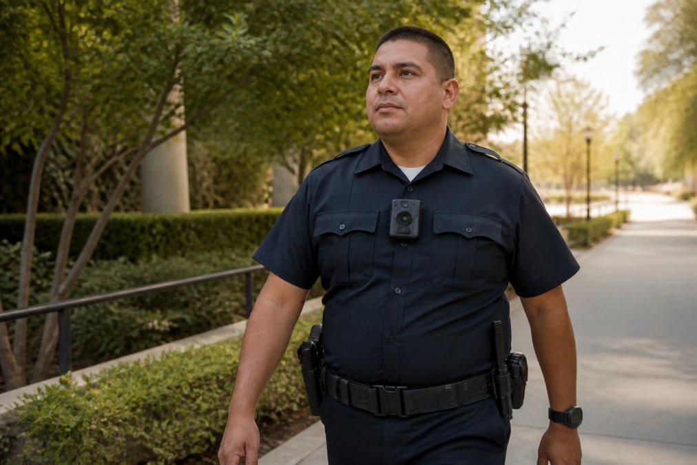 Professional security officer in uniform wearing body camera during outdoor patrol, camera mounted on chest with natural stance during extended shift, outdoor lighting