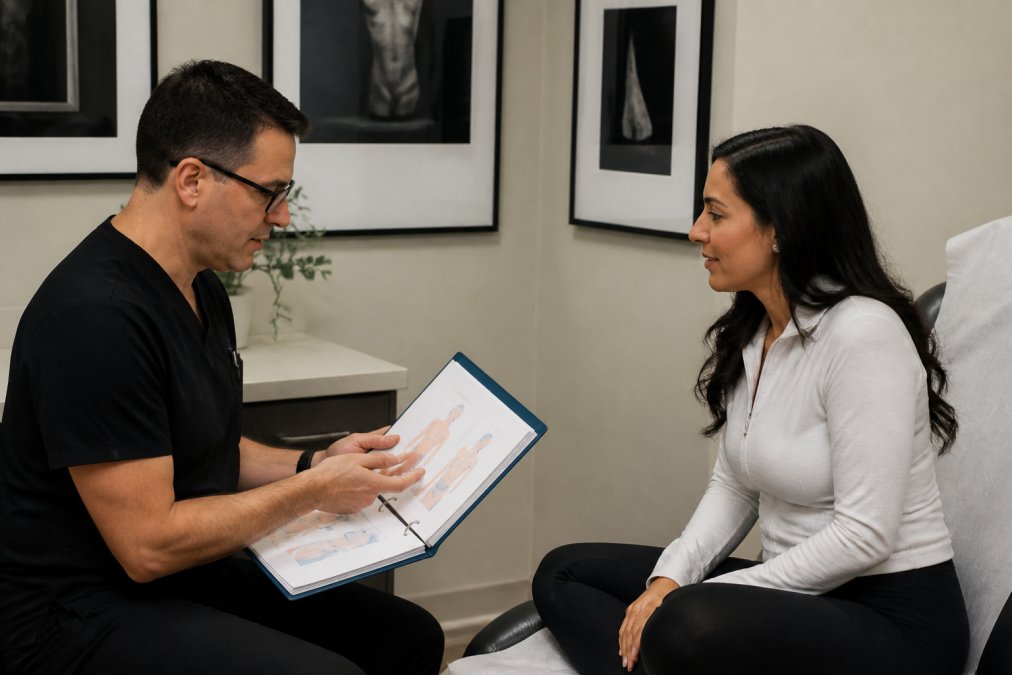 Medical professional explaining post-treatment recovery protocol to patient in clinical consultation room with proper lighting