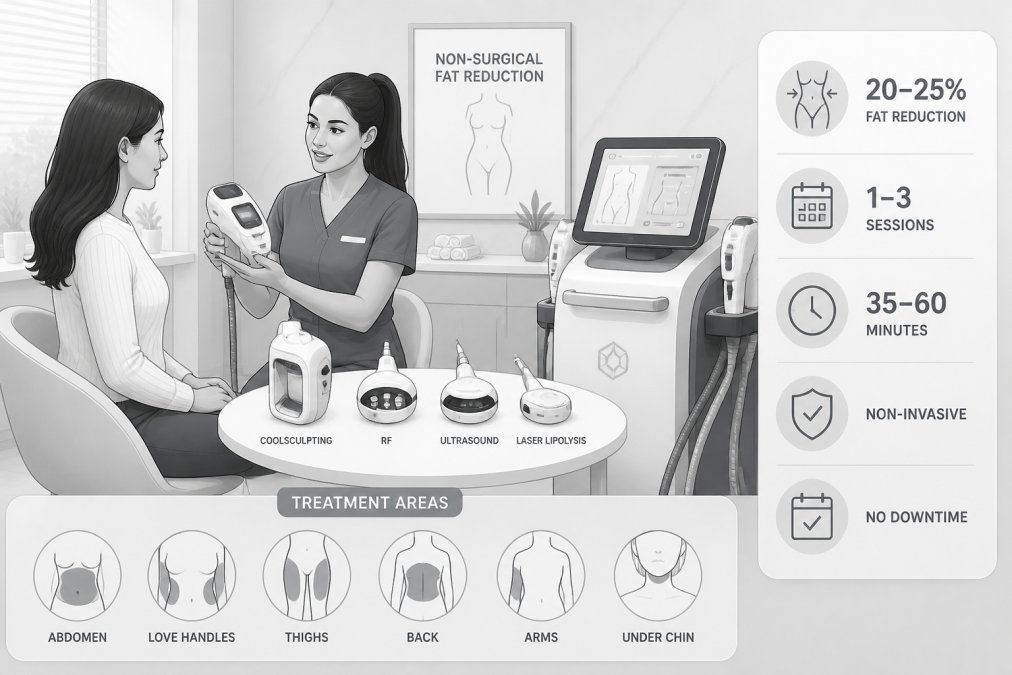 Professional aesthetics practitioner in modern clinic consultation room demonstrating different body contouring applicators and technology equipment to patient, showing expertise and clinical environment with natural lighting