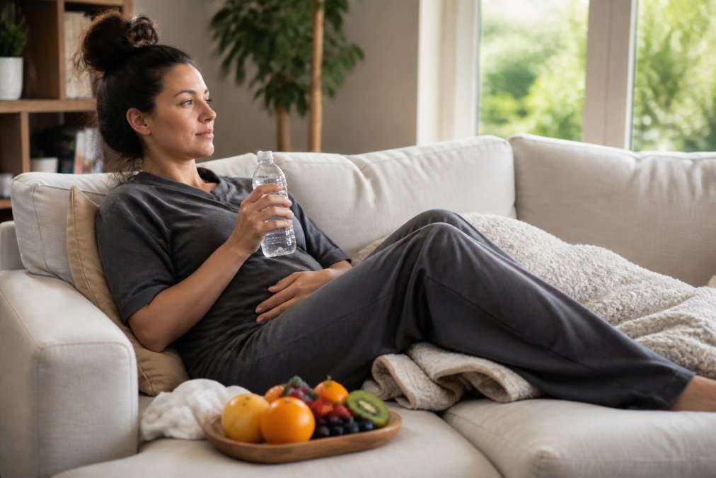 Woman relaxing on a couch with fruit and water during her body contouring recovery at home