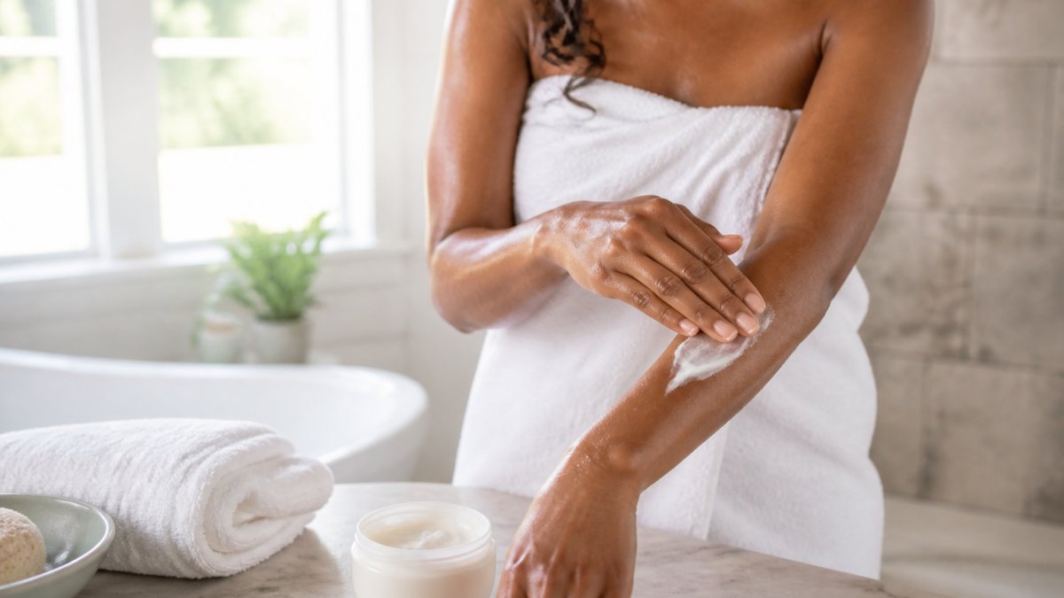 Close-up of a woman's hands smoothing white body cream onto her forearm right after a shower, bathroom counter with a towel and open jar in soft natural light