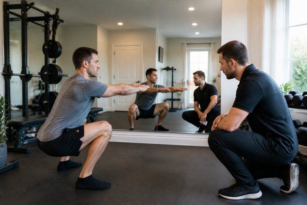 Physical therapist observing client performing functional squat assessment in home gym with mirrors and proper lighting, noting posture and movement quality