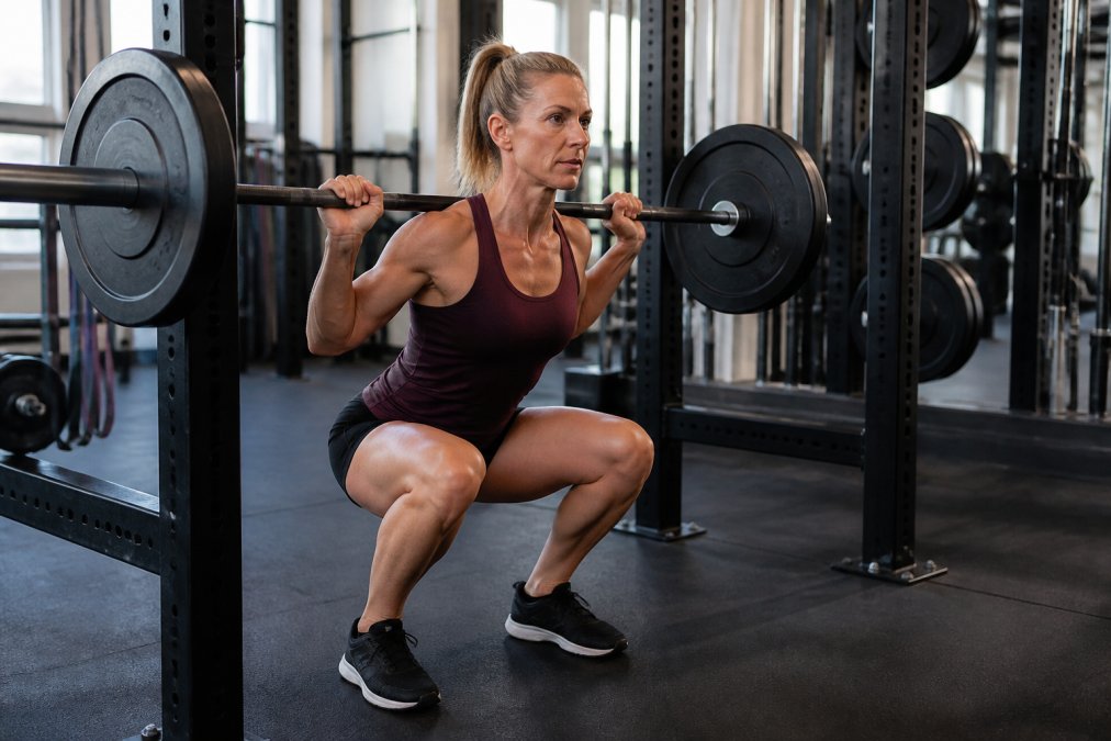 Fit woman over 40 performing a controlled barbell squat with proper form in a well-lit gym, showing focused expression and engaged muscles