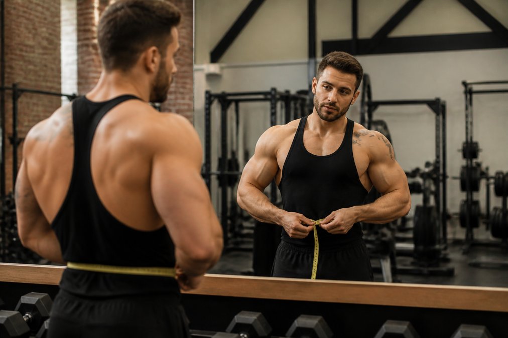 Athletic person in a gym holding a tape measure around their waist, looking at their reflection in a mirror with determined expression