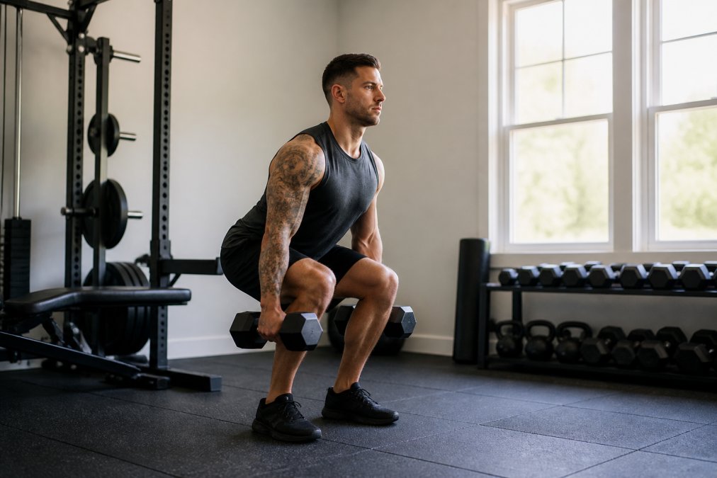 Person performing a dumbbell squat with proper form for an 8-week body recomposition workout schedule.