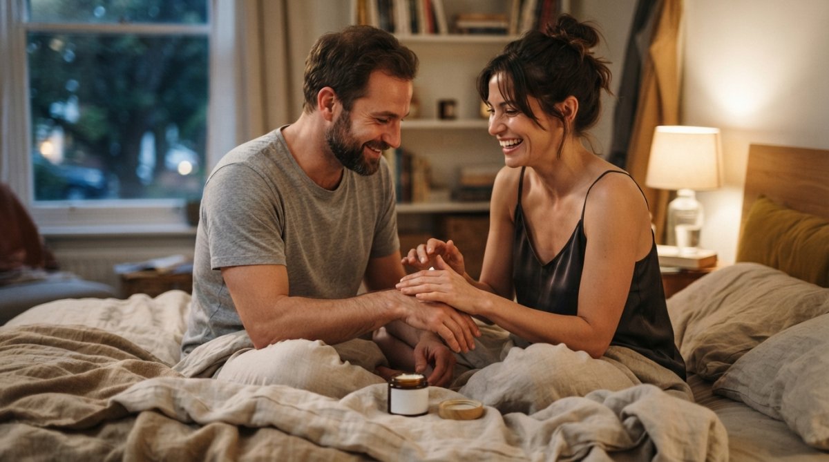 A couple in an intimate moment, relaxed and smiling, applying enhancement cream together in soft, warm bedroom lighting with natural window glow