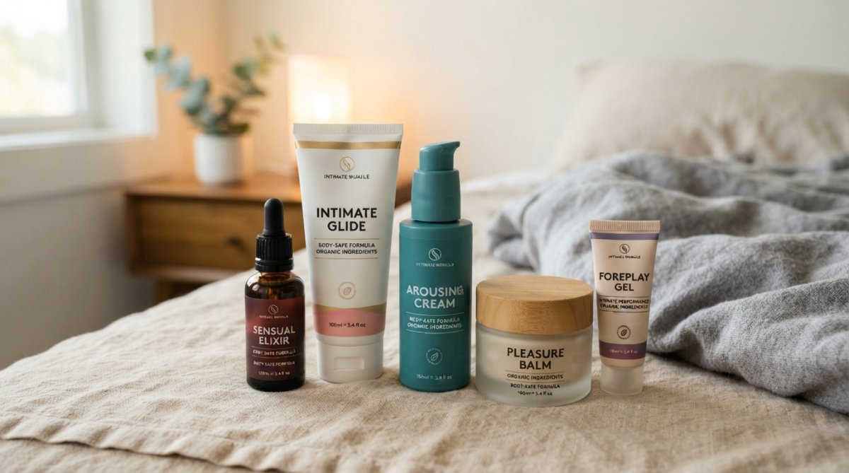 Close-up of several colorful intimate cream bottles and tubes arranged on a neutral surface with soft, warm lighting, showing product labels and textures