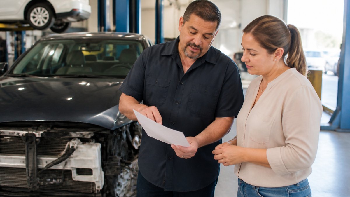 A vehicle owner and an auto body estimator reviewing a printed collision repair estimate together beside a damaged car in a clean, well-lit repair shop