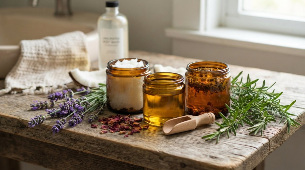 Close-up of natural ingredients including organic coconut oil, jojoba oil, and botanical extracts arranged on a wooden surface with fresh lavender sprigs and rosemary
