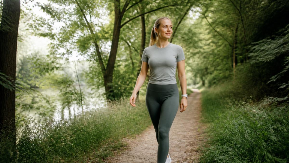 Vrouw in sportkleding die ontspannen wandelt in de natuur als onderdeel van haar bodysculpting beweging.