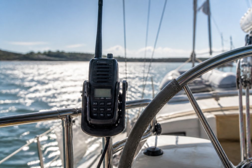Close-up of a Standard Horizon handheld VHF radio mounted on a sailboat's helm with water, sailing rigging, and bright sunlight visible in the background