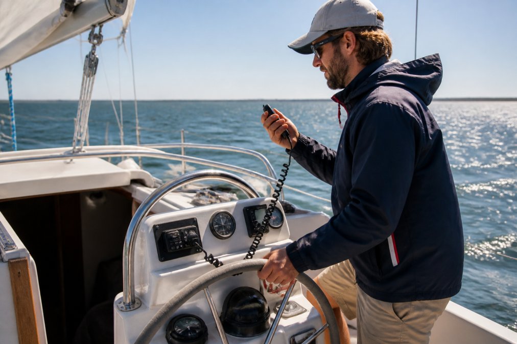 Weekend sailor in casual sailing gear standing at the helm of a small sailboat in bright sunlight, checking navigation equipment and radio while the boat moves across open water