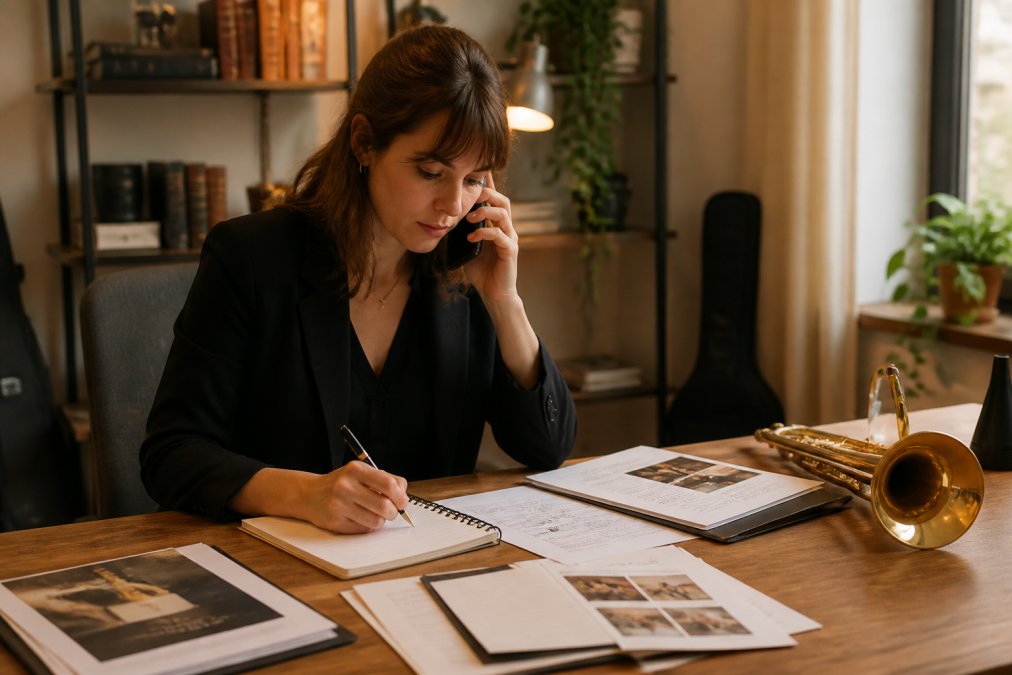 Event planner zittend aan een bureau met laptop, telefoon en papieren offertes, notities makend over bandboekingsdetails in warm kantoorlicht