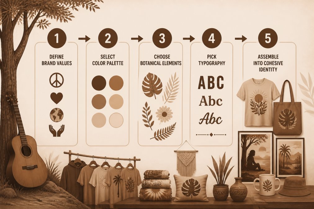 Flowchart showing 5-step process: Define brand values → Select color palette → Choose botanical elements → Pick typography → Assemble into cohesive identity