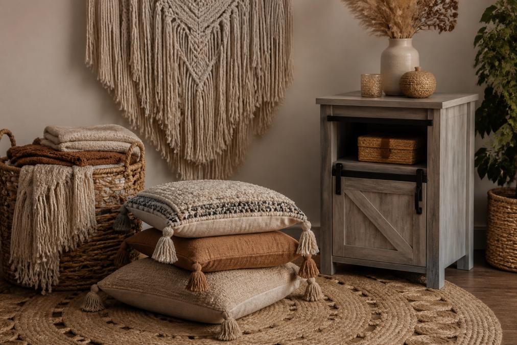 Close-up of a cozy corner with layered macramé wall hanging in cream tones, a woven rattan basket filled with folded earth-tone textiles, and stacked floor cushions with tassels arranged on a natural jute area rug