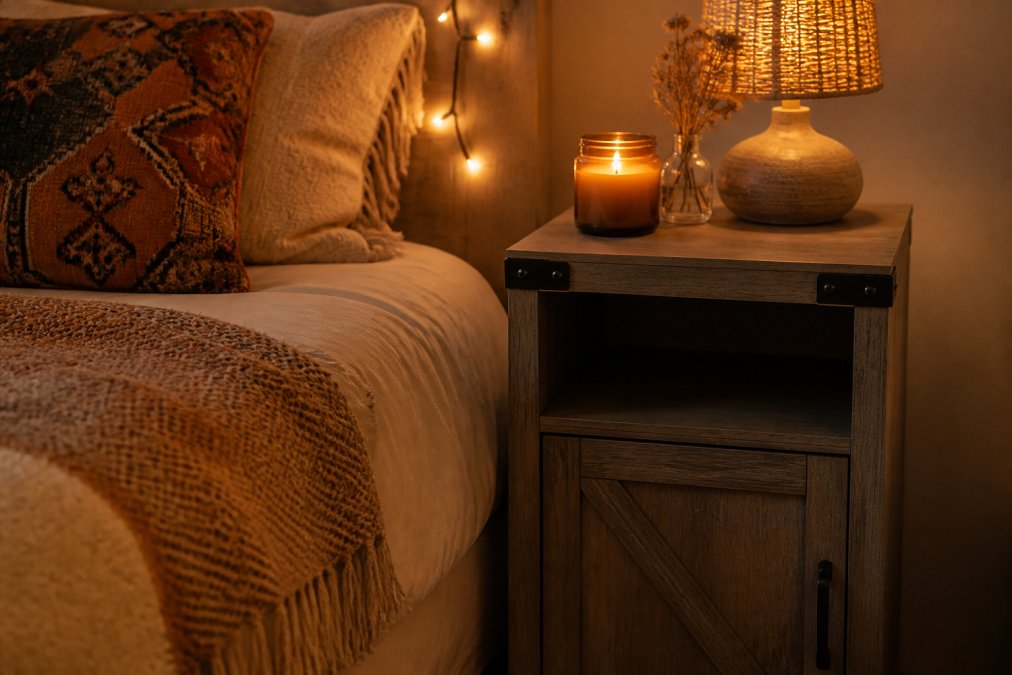 Small apartment bedroom at dusk with warm string lights draped across the headboard, a vintage wooden wick candle glowing on a rustic oak nightstand, and soft ambient lighting from a table lamp with a warm bulb creating a cozy bohemian atmosphere