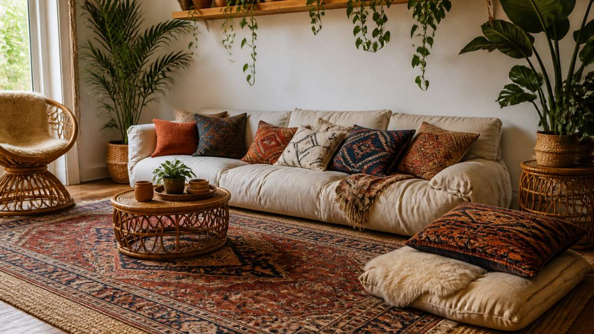 A sunlit living room with a layered vintage area rug, a low-profile sofa piled with mismatched throw pillows, a rattan side table, and trailing plants on a wooden shelf