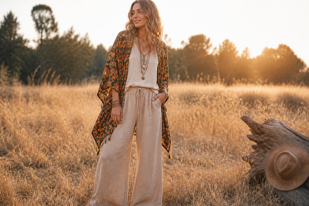 A woman wearing flowing bohemian clothing with hand-dyed patterns, layered jewelry, and relaxed-fit wide-leg pants, standing outdoors in a sunlit field with warm golden afternoon light