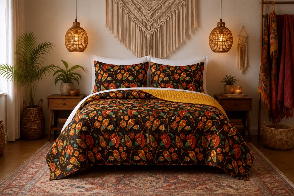 A cozy bedroom styled with vibrant bohemian bedding in floral and paisley patterns, layered textiles, macrame wall art, and warm ambient lighting from rattan pendant lamps