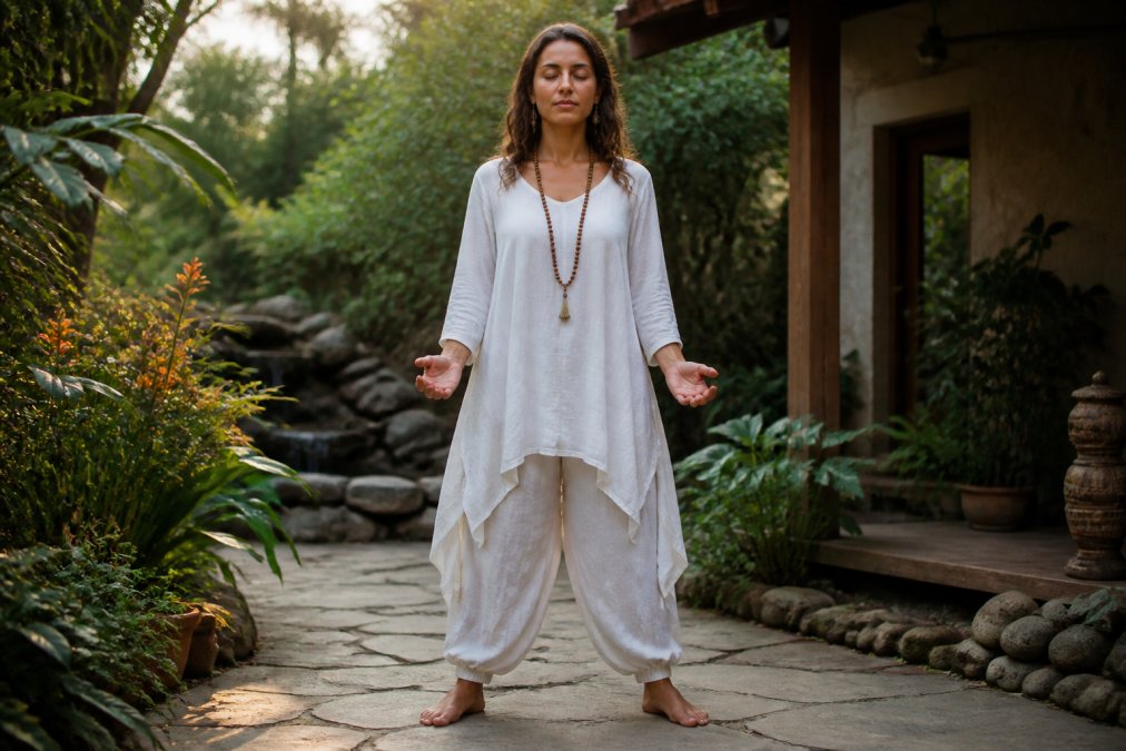 Woman wearing a flowing white organic cotton tunic and harem pants standing in a peaceful garden with soft natural light, hands positioned in a meditative pose