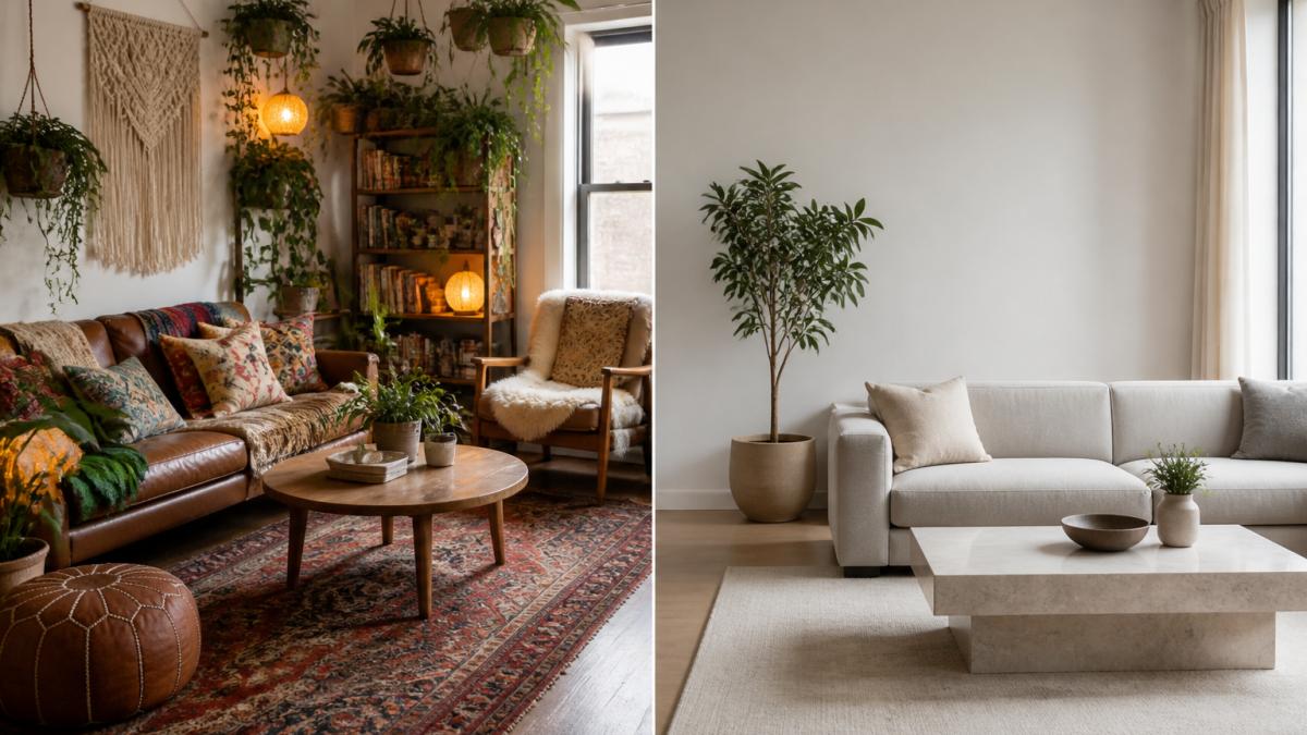 Split-screen view of two living rooms, left side shows bohemian style with layered textiles, patterned throw pillows, woven wall hanging, hanging plants, warm ambient lighting, and eclectic vintage furniture; right side shows minimalist living room with clean-lined sofa, neutral palette, empty walls, single potted plant, and bright natural light