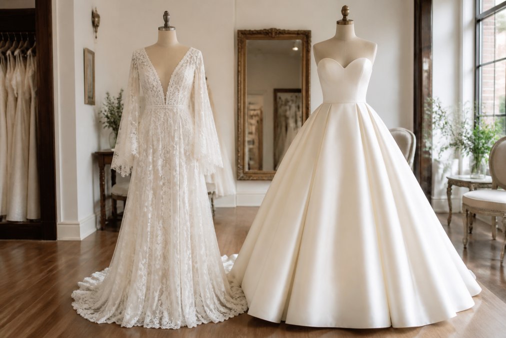 Flowy bohemian wedding dresses with lace sleeves displayed next to a structured classic ballgown in a studio.