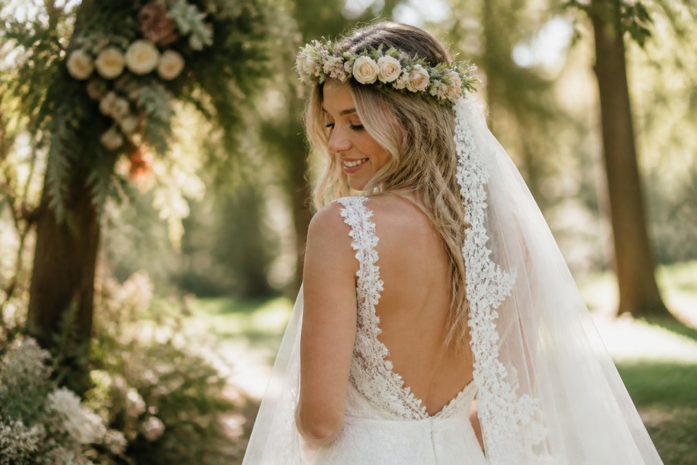A bohemian bride outdoors wearing a delicate floral crown of ivory and blush flowers with a flowing lace veil, soft natural sunlight filtering through trees in a garden setting