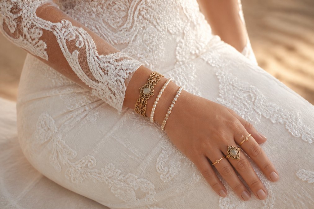 Close-up of bride's hand and wrist displaying artisanal handmade jewelry pieces including delicate bracelets, ornate rings, and vintage-inspired details against soft white lace fabric with natural diffused lighting