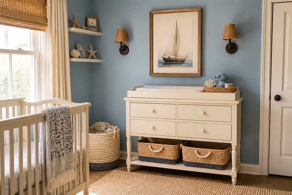 Infographic illustrating a nautical nursery theme ideas color palette with ocean-themed decor and room layout.
