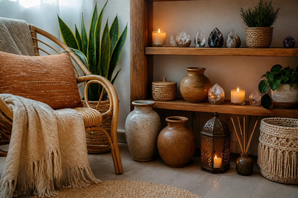 Styled living room corner featuring woven rattan chair, handcrafted ceramic vases, layered textiles in earth tones, healing crystals on wooden shelf, and warm ambient lighting from candles and diffuser
