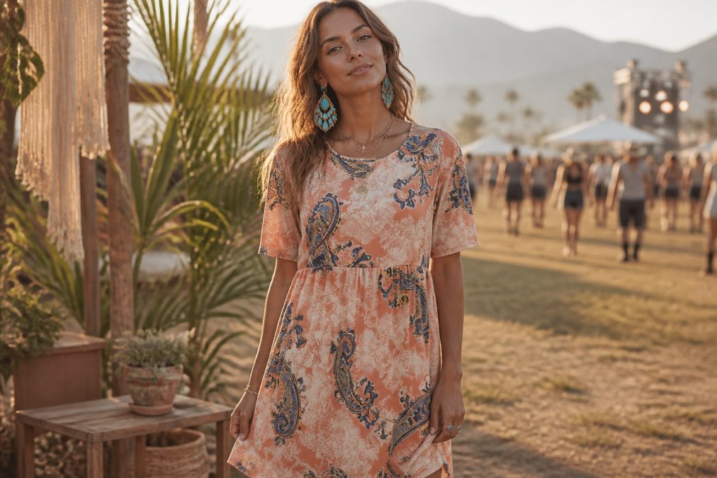 Festival-goer wearing a paisley mini dress with layered turquoise dangle earrings and delicate gold necklaces, standing in golden hour sunlight with a relaxed bohemian pose against a natural backdrop