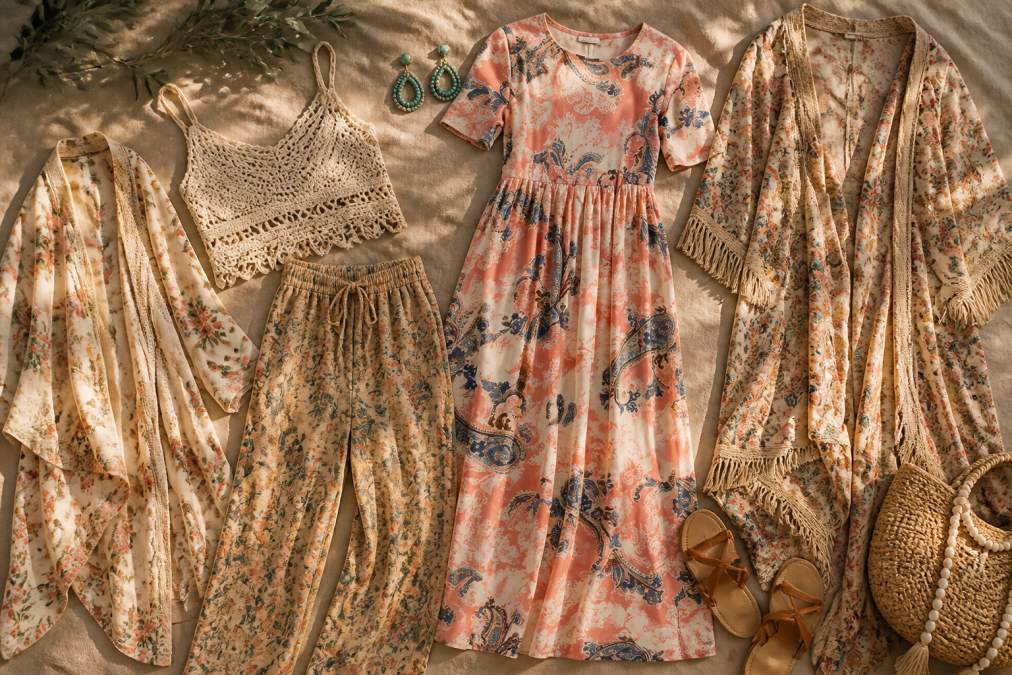 Flatlay of boho festival essentials including crochet crop top, wide-leg floral pants, paisley mini dress, kimonos, and statement turquoise earrings arranged artfully on earth-toned linen fabric with natural morning light