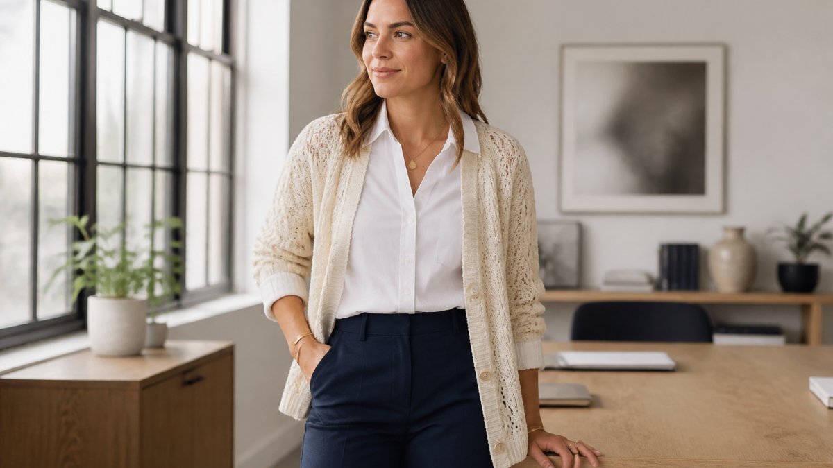 Professional woman wearing a cream-colored boho cardigan over a white button-up blouse, paired with tailored navy trousers and minimal gold jewelry, standing in a bright modern office with natural window lighting