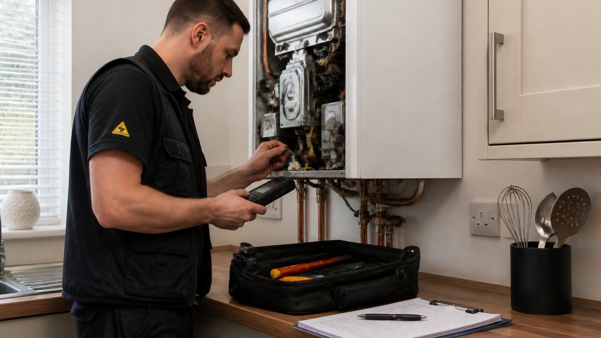 Professional Gas Safe registered heating engineer in uniform inspecting a boiler in a domestic kitchen, tools and documentation visible on the work surface
