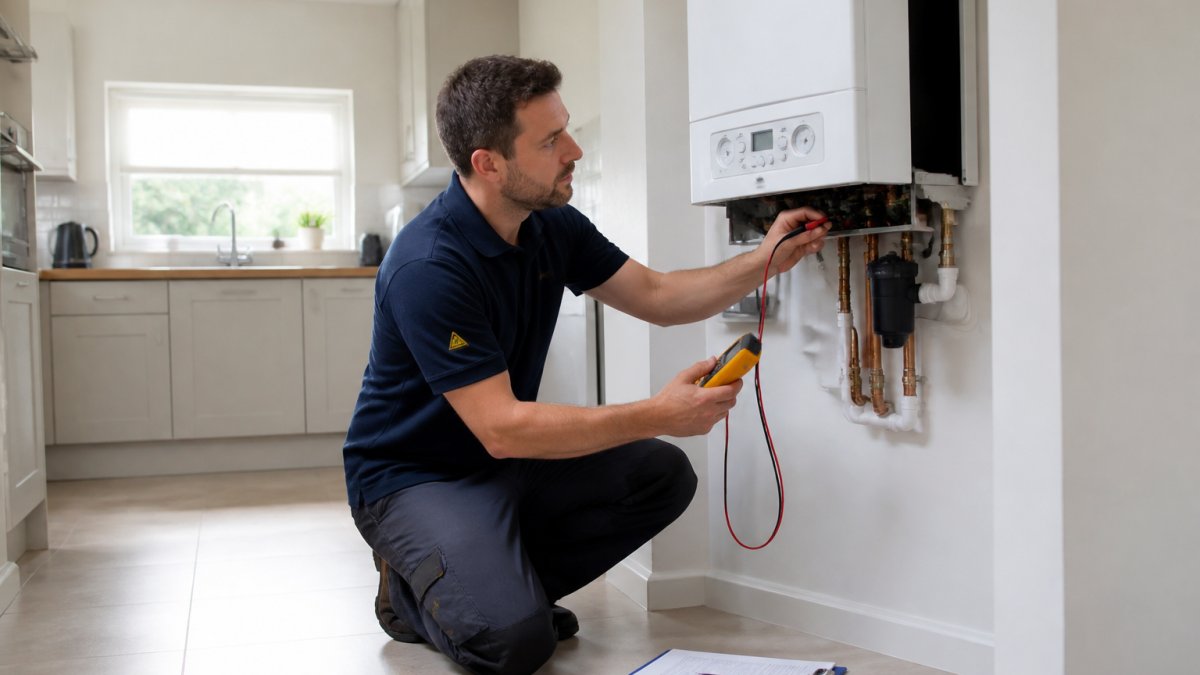 A Gas Safe registered heating engineer in uniform kneeling beside a wall-mounted combi boiler in a bright modern kitchen, holding a digital multimeter and taking a reading, with a clipboard and service record on the floor nearby