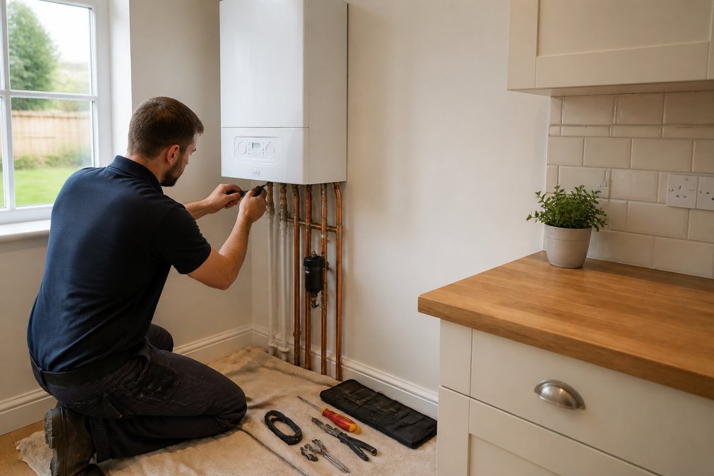 A Gas Safe registered engineer in professional workwear installing a modern white combi boiler on a kitchen wall, tools laid out neatly on a dust sheet below, bright natural light from a window