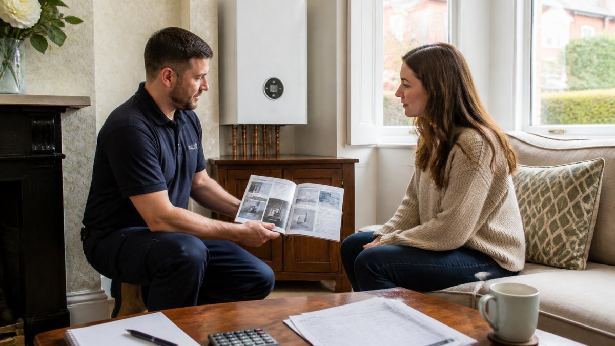 A heating engineer in a clean uniform kneeling beside a wall-mounted Worcester Bosch boiler, explaining a brochure to a homeowner in a bright Victorian terrace living room, natural daylight from a bay window