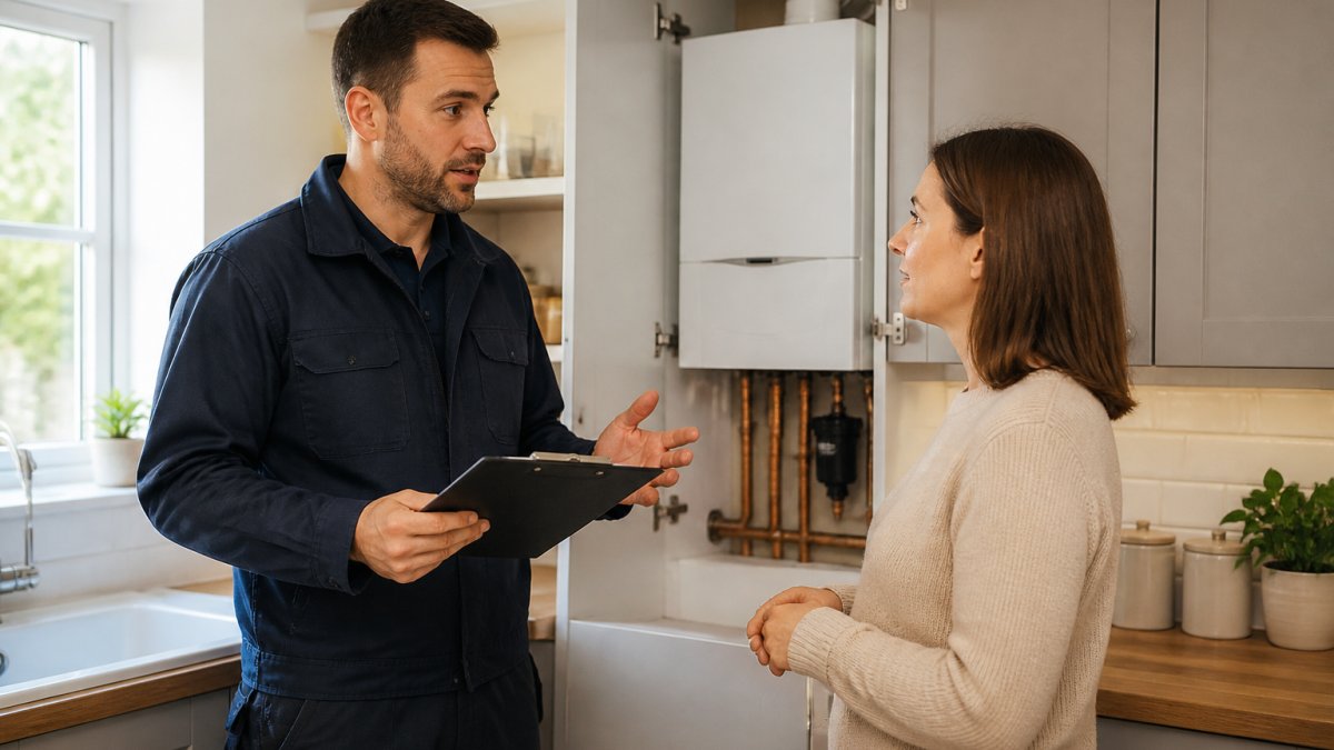 A Gas Safe registered heating engineer in a clean uniform explaining a boiler installation plan to a homeowner in a bright kitchen, clipboard in hand, boiler visible in the background