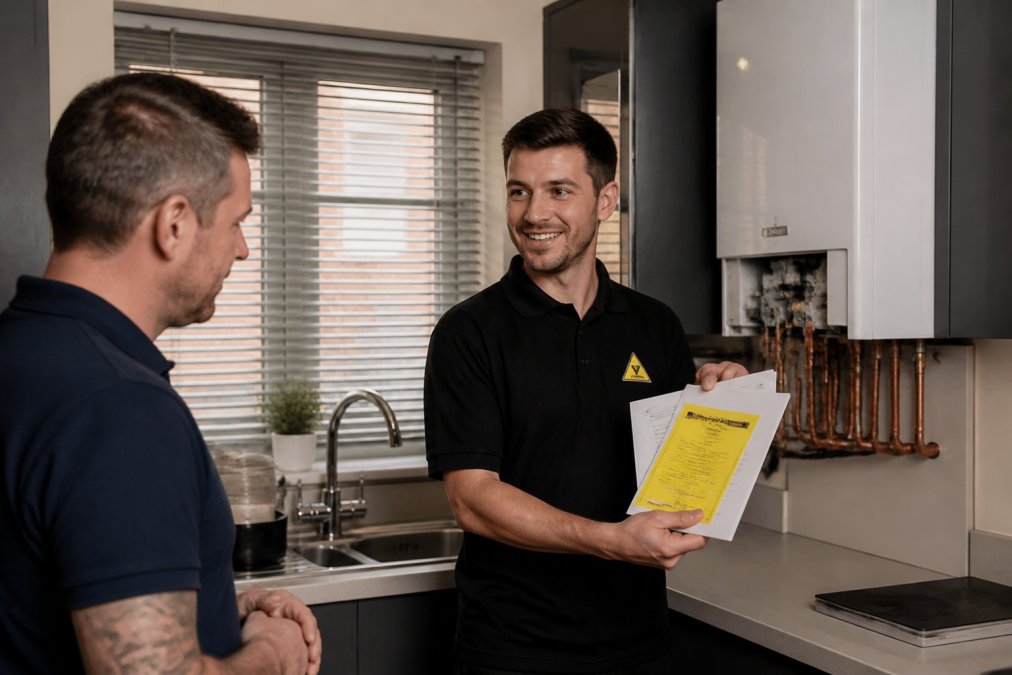 Professional heating engineer in uniform holding Gas Safe certification documents while standing beside a modern boiler installation in a residential kitchen with modern cabinetry and neutral tones