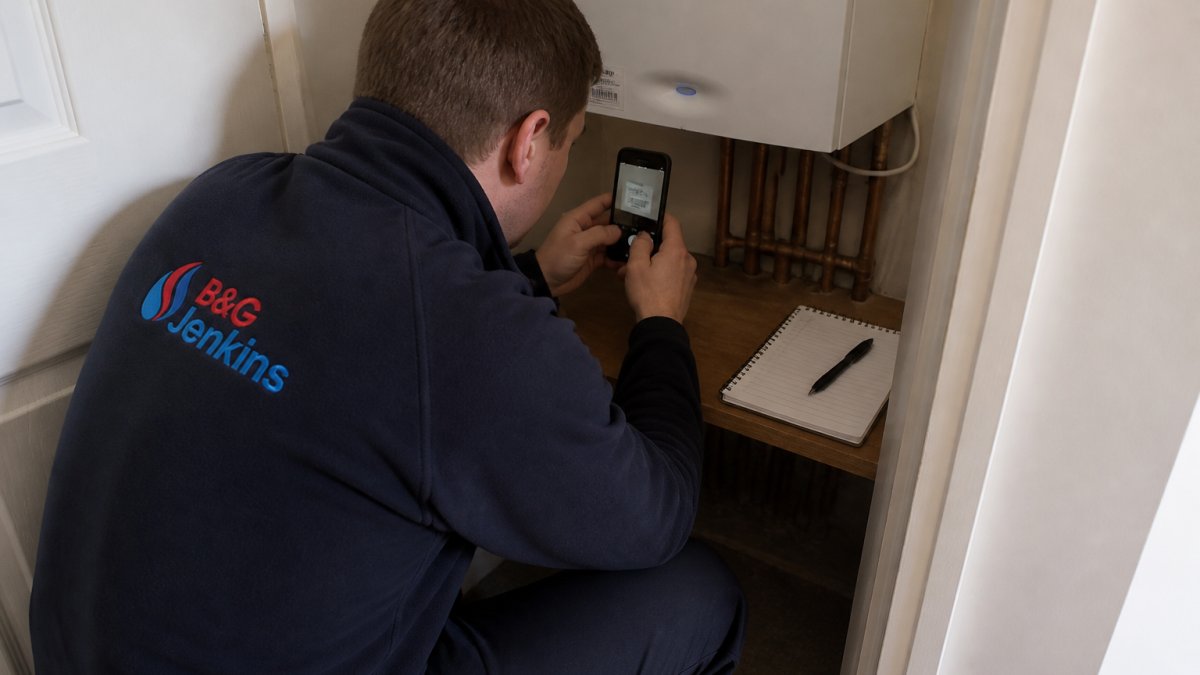 A homeowner crouching in a narrow utility cupboard, smartphone in hand, photographing the data plate on a wall-mounted boiler while a small notepad rests on the shelf beside them
