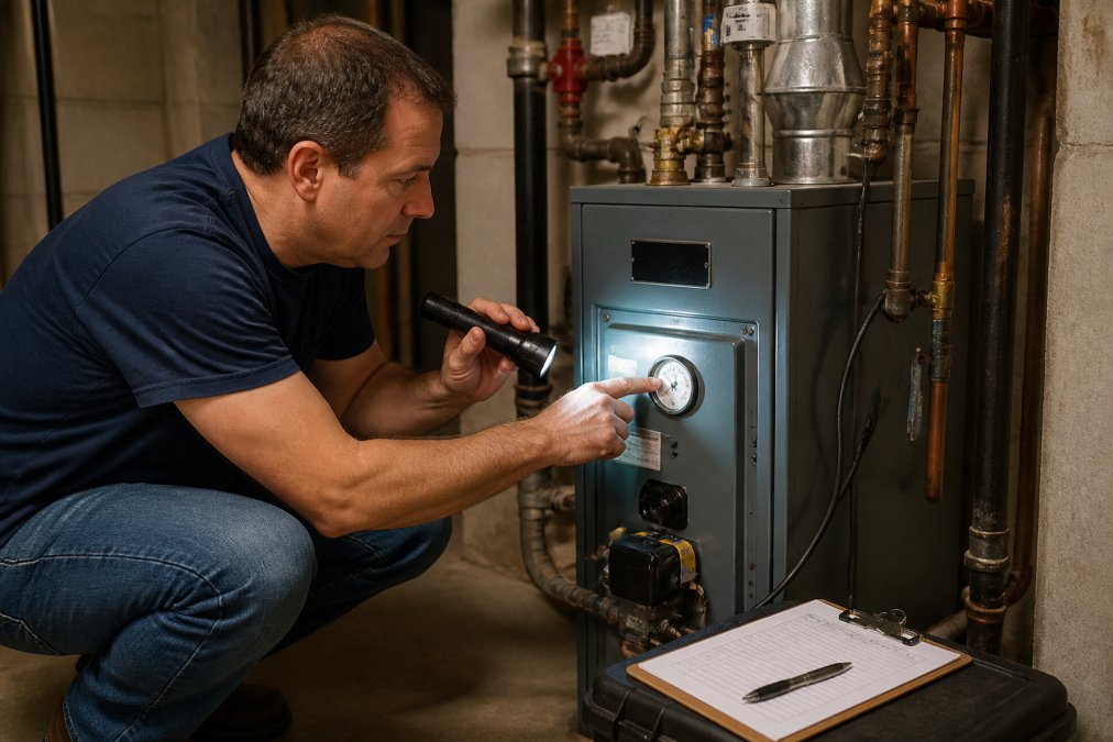 Homeowner checking the boiler pressure gauge as part of a DIY boiler repair troubleshooting checklist