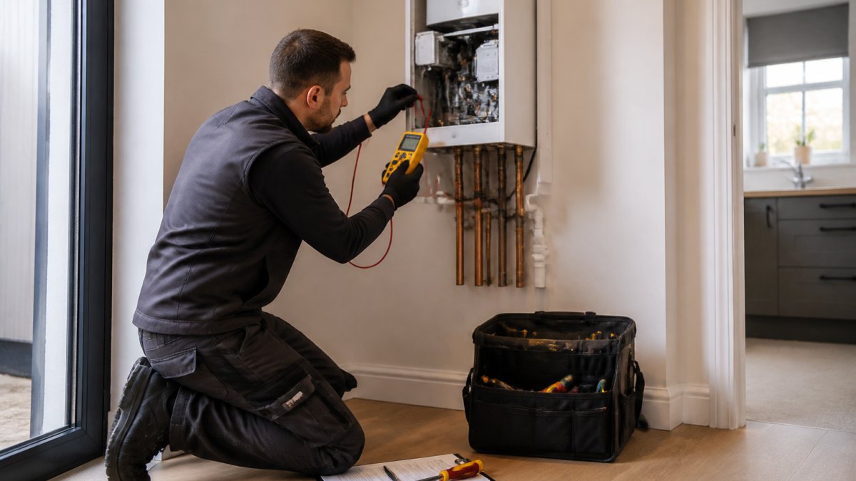 A Gas Safe registered engineer in uniform kneeling beside a wall-mounted boiler, using a multimeter to diagnose a fault, with tools and a clipboard on the floor nearby