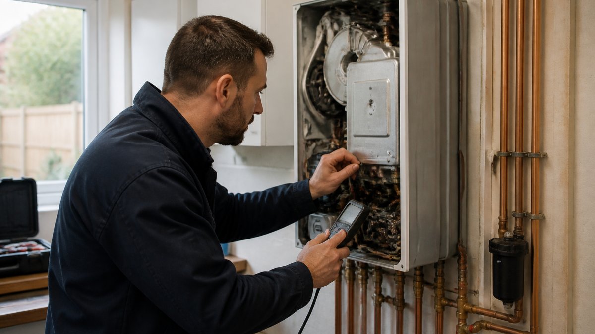 Gas Safe engineer inspecting a boiler heat exchanger during an annual service to manage boiler service annual cost.