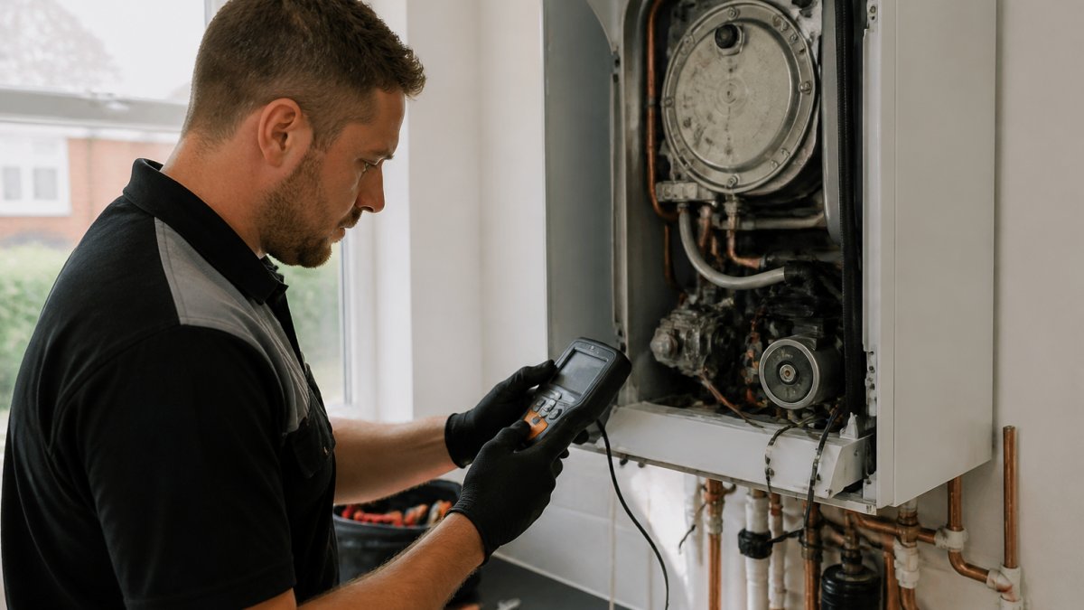 Professional heating engineer in uniform inspecting internal boiler components with diagnostic tools in a residential home