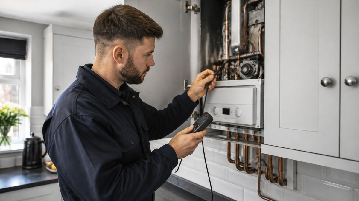 Professional heating engineer in uniform inspecting a domestic boiler with diagnostic equipment in a modern kitchen