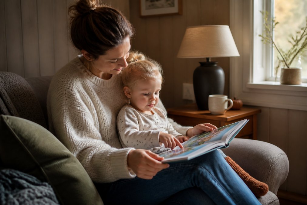 Forelder og barn sitter sammen på en sofa eller lenestol med en åpen bildebok, barnet konsentrert på illustrasjonene, varmt lys fra en bordlampe eller naturlig dagslys fra et vindu, koselig og intim atmosfære