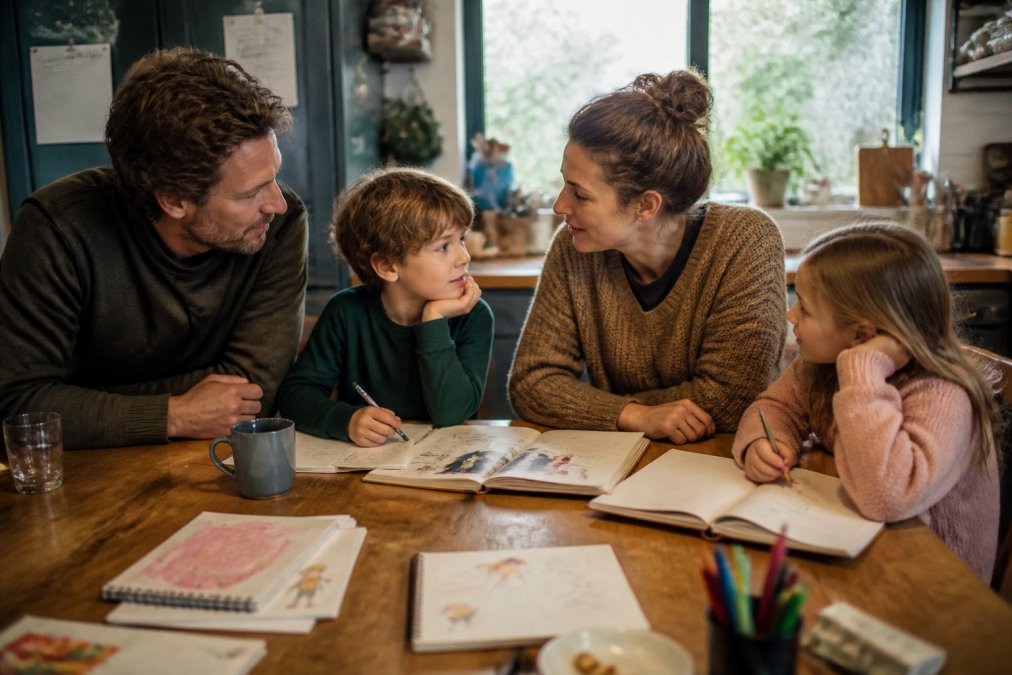 Familie rundt et bord med åpne bøker, tegninger og notater. Barn og voksne i samtale, med varme og åpenhet i ansiktene