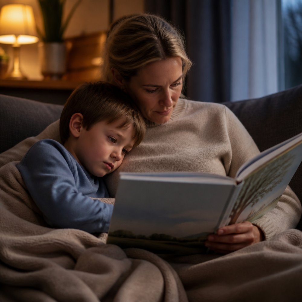 En voksen og et barn som sitter sammen i en sofa og leser en bildebok, med et varmt pledd og dempet belysning i bakgrunnen