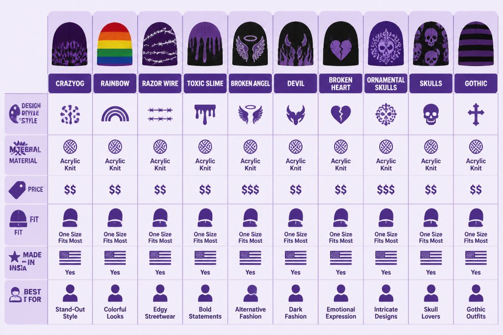 Feature comparison matrix showing Design Style, Material, Price, Fit, Made in USA, Best For across CrazyOG, Rainbow, Razor Wire, Toxic Slime, Broken Angel, Devil, Broken Heart, Ornamental Skulls, Skulls, Gothic